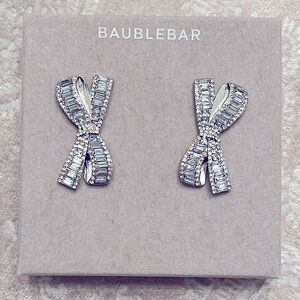 Brand New BaubleBar Silver Tone Sparkly Bow Rhinestone Post Party Earrings